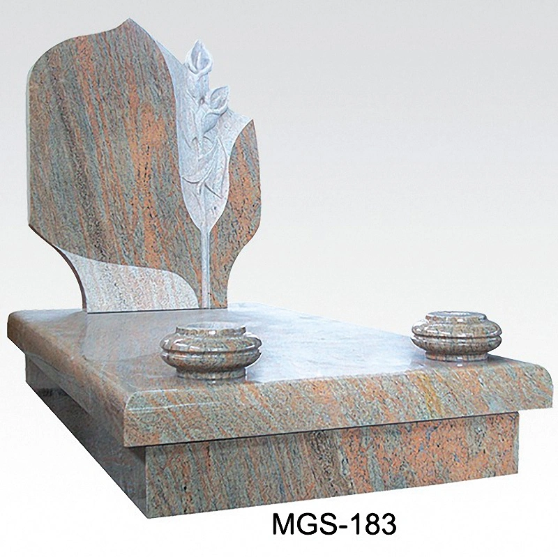 Multicolor Granite Gravestone with Flower Carving and Vase